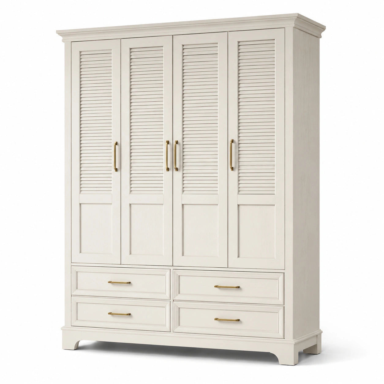 Weißer Kleiderschrank aus Massivholz mit Lamellentüren und Schubladen, 120 cm x 200 cm x 60 cm