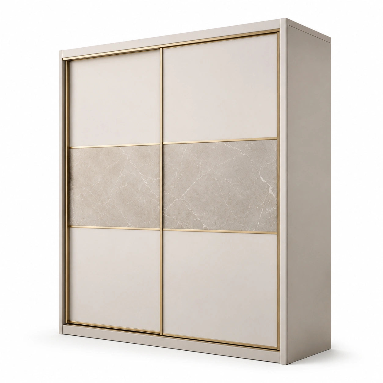 Kleiderschrank aus MDF mit Metallrahmen, Beige und Marmoroptik