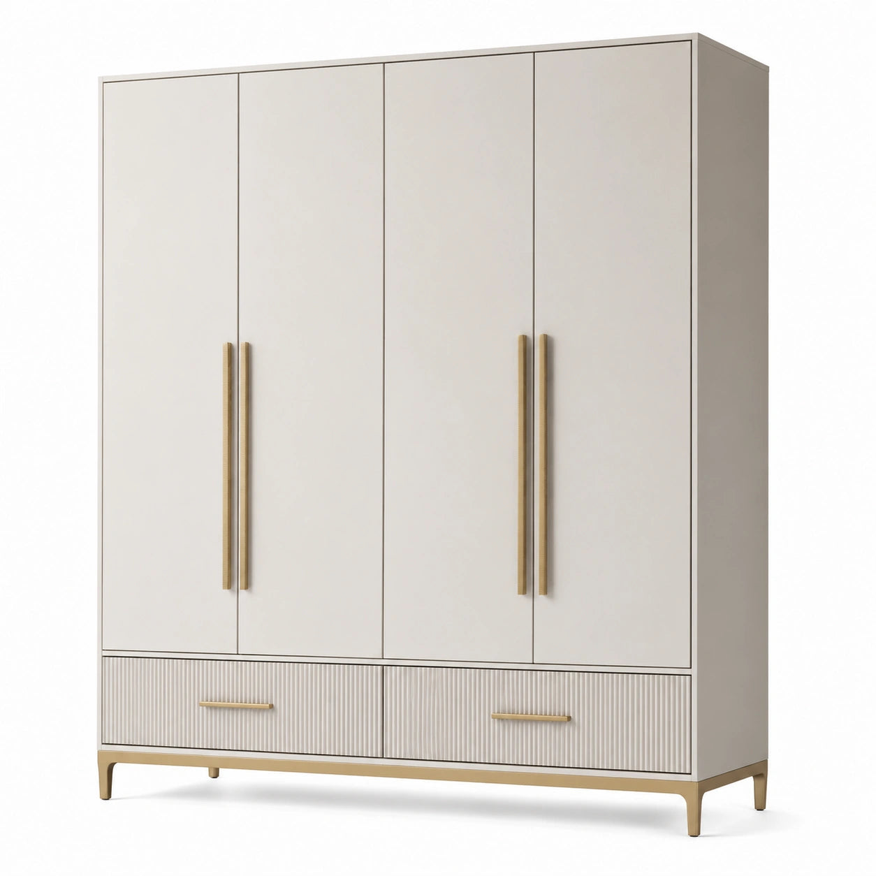 Kleiderschrank 4 Türen 2 Schubladen MDF Weiß mit Metallakzenten