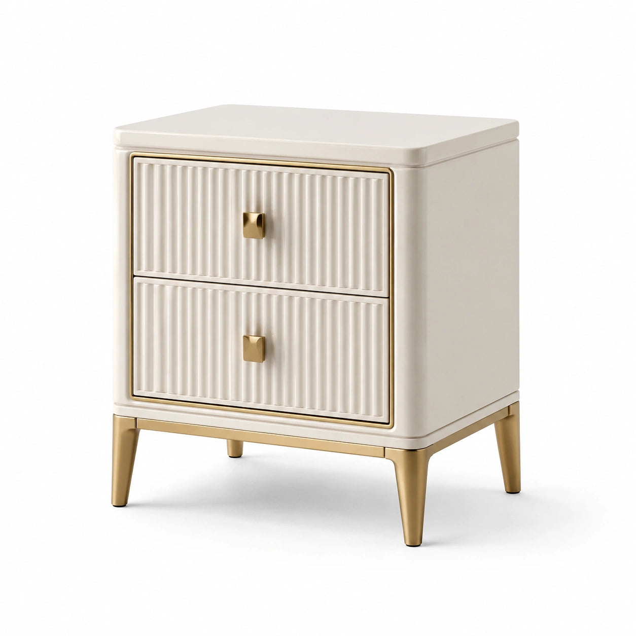 Nachttisch mit 2 Schubladen aus MDF und Metall in Creme und Gold