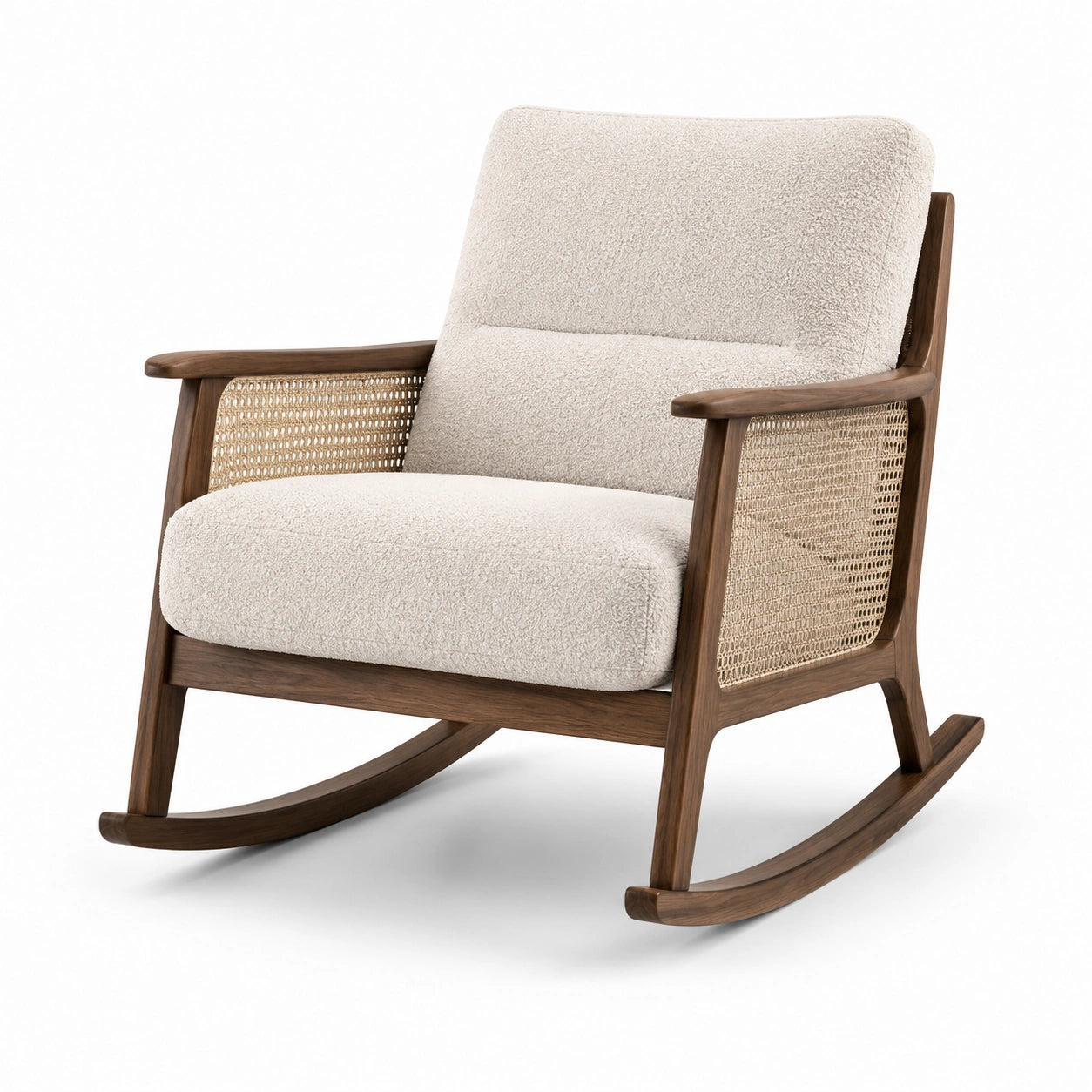Schaukelstuhl aus Walnussholz und Bouclé in Beige